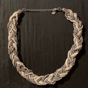 Elegant Braided Beaded Necklace - Silver and Cream